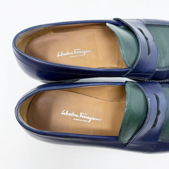 Salvatore Ferragamo Navy & Dark Green Color Block Leather Penny Loafers Size 8EE - Picture 8 of 12